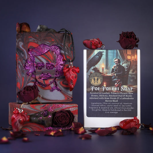 Edgar Allen Poe-Pourri Soap adorned with red roses, and can be purchased with a "bleeding heart" pendant