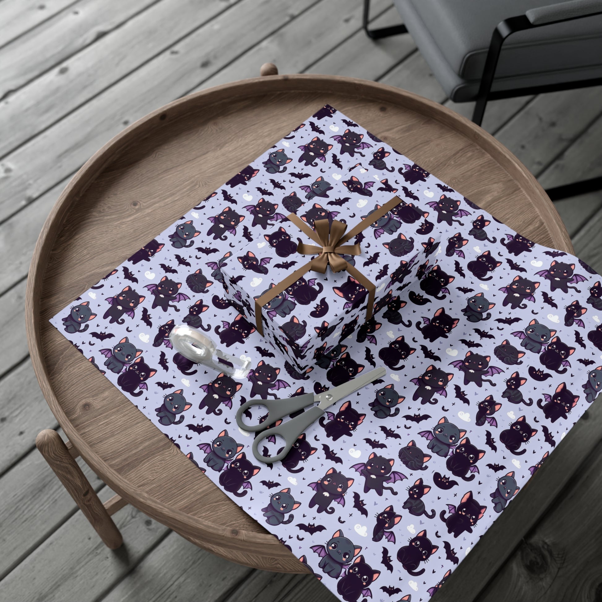 Cute Bat Cat Gift Wrap Papers, Birds of Valhalla, Home Decor, Printify