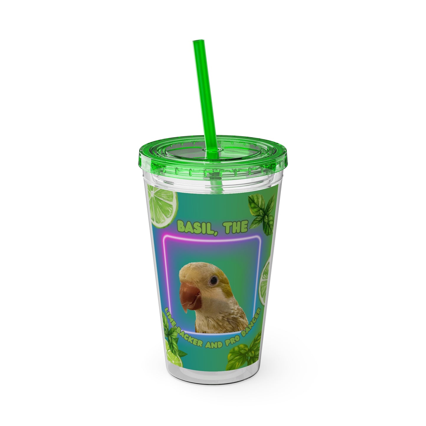 Baconbros Basil the Lime Backer Sunsplash Tumbler with Straw, 16oz, Birds of Valhalla, Mug, Printify